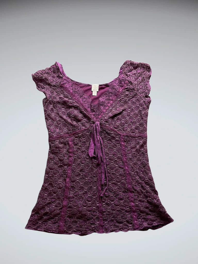 detail view, Velvet Orchid Tie Top, vintage Y2K second hand piece