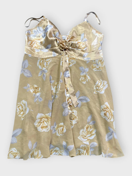front view, Uniform by John Paul Richard Green brown paisley ruffle wrap top, vintage Y2K second hand piece
