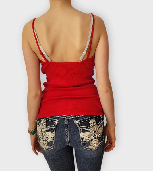 back view, United Colors of Benetton Red Lace Trim Ribbed Camisole, vintage Y2K second hand piece