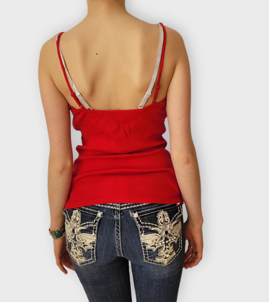 Red Lace Trim Ribbed Camisole (M)