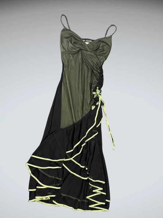 front view, City Triangels Edgy Neon Trim Black Mesh Dress, vintage Y2K second hand piece
