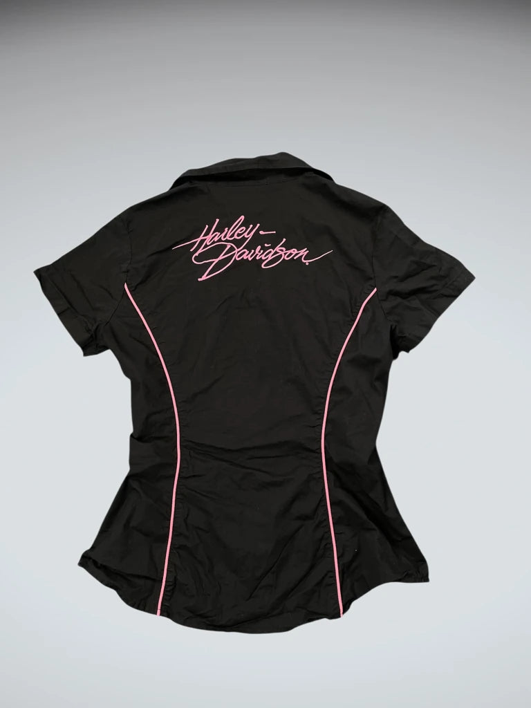 detail view, Harley-Davidson Harley Davidson Black Pink Fitted Biker Shirt, vintage Y2K second hand piece