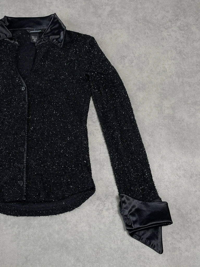 detail view, Moda International Black Glitter Shirt, vintage Y2K second hand piece, image 4