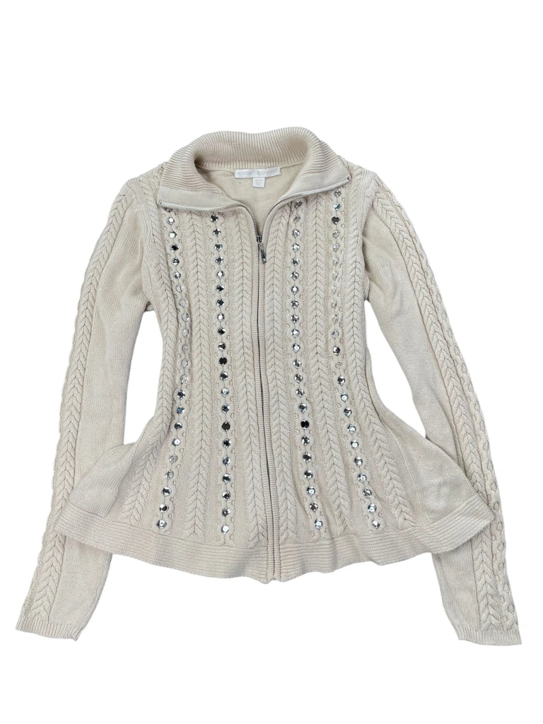 detail view, Boston Proper Beige Cable Knit Sweater with Rhinestone Embellishments, vintage Y2K second hand piece, image 6