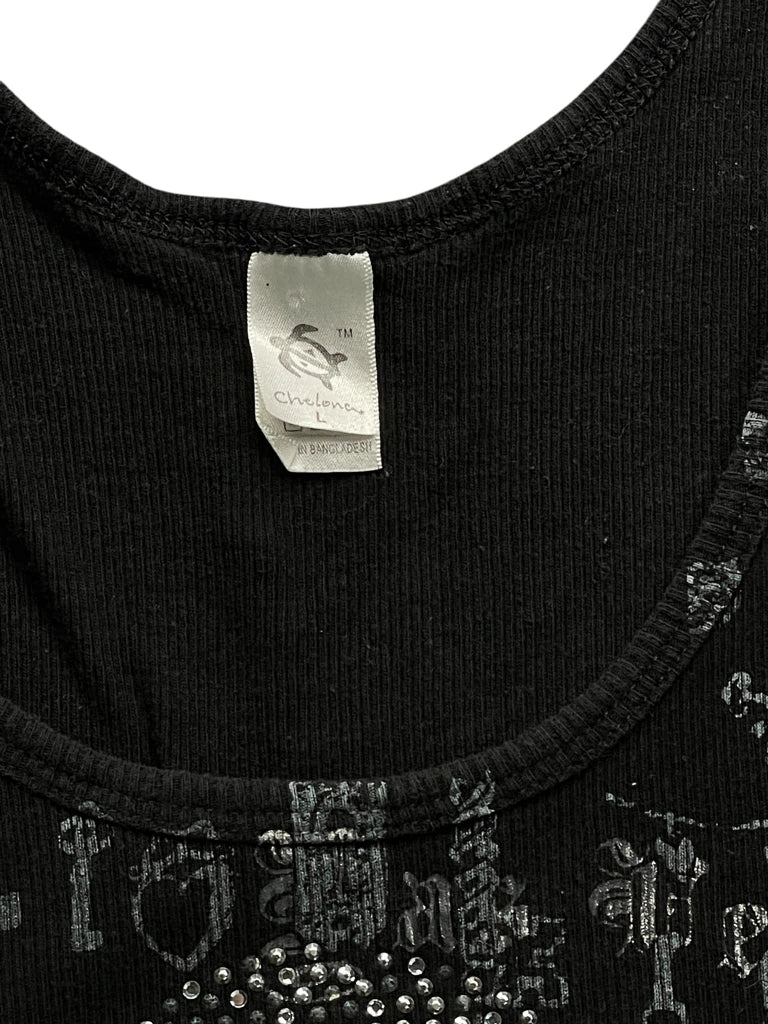 detail view, Chelona Black Skull Y2K Print Tank, vintage Y2K second hand piece