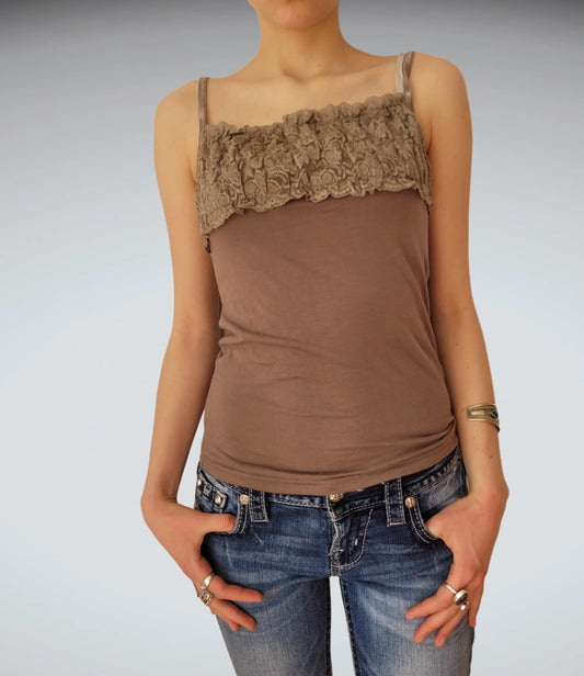 front view, Mocha Brown Ruffle Lace Y2K Tank Top Cropped Style, vintage Y2K second hand piece