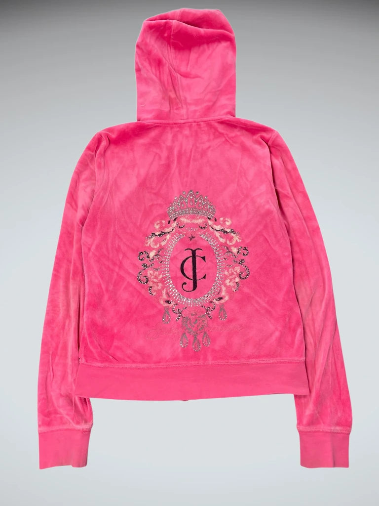 detail view, Pink Juicy Couture Velour Hoodie with Ornate Back Print, vintage Y2K second hand piece, image 5