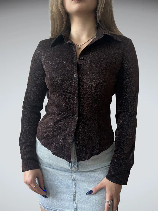 Y2K Brown Glitter Button-Up Top (M)