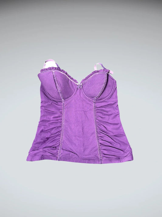 front view, Purple Satin Ruched Bustier Top, vintage Y2K second hand piece