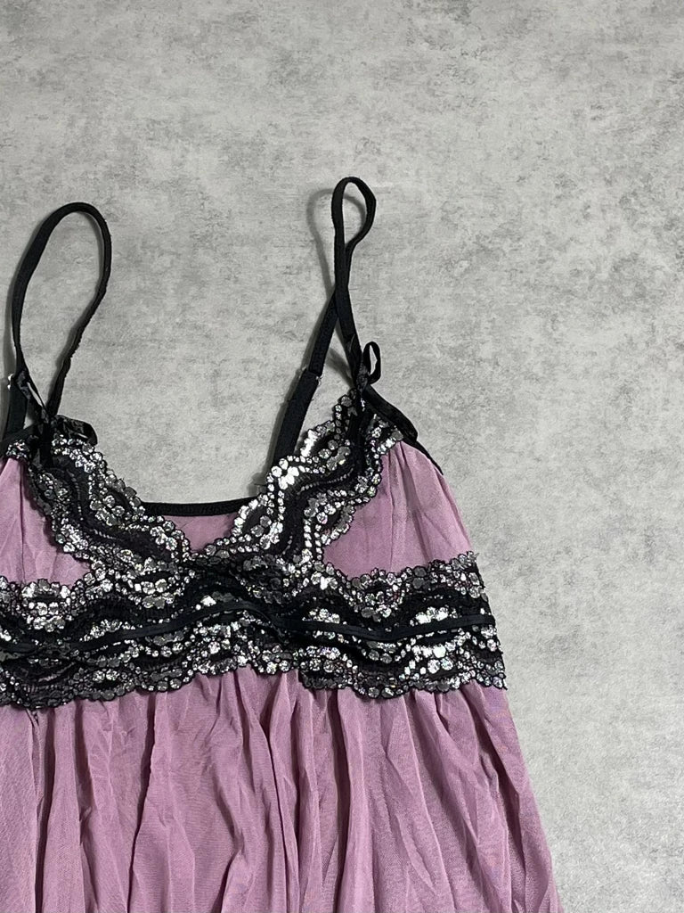 detail view, purple lingerie dreamy ibiza lace top, vintage Y2K second hand piece