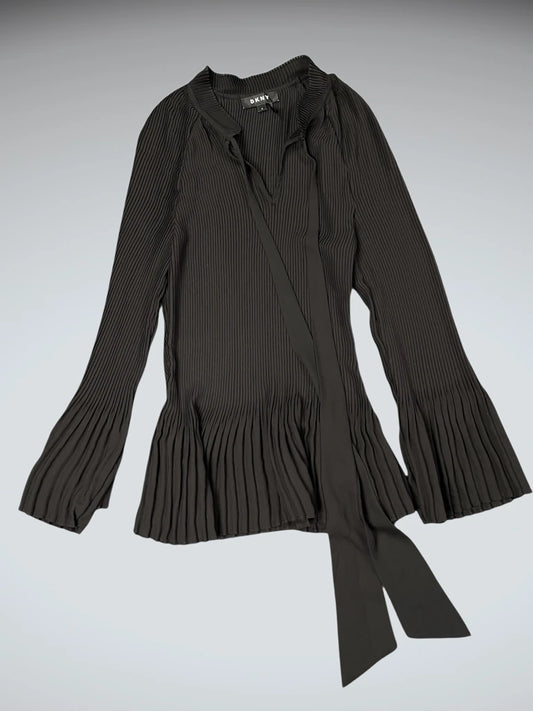 front view, DKNY Pleated Tie-Neck Blouse in Black, vintage Y2K second hand piece