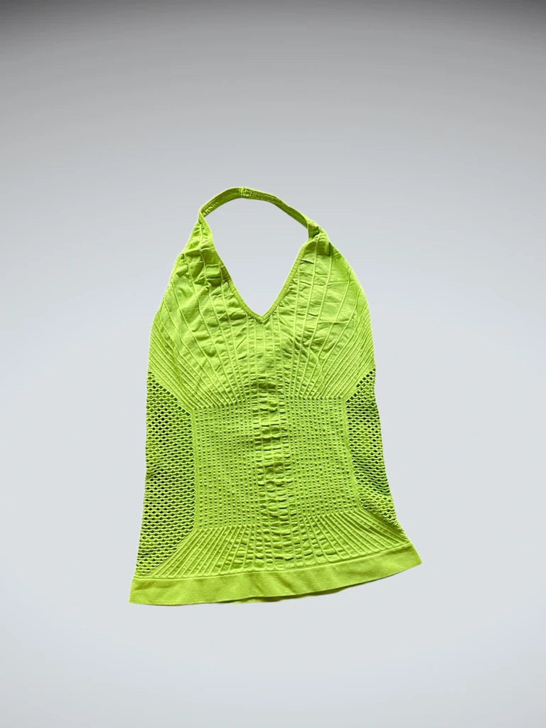 detail view, Fire Los Angeles Halterneck Mesh Top in Neon Lime, vintage Y2K second hand piece