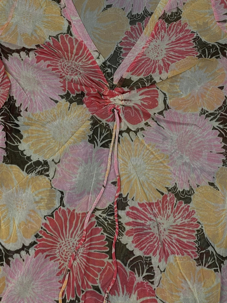 detail view, Mex Yellow Pink Flower Top, vintage Y2K second hand piece, image 4