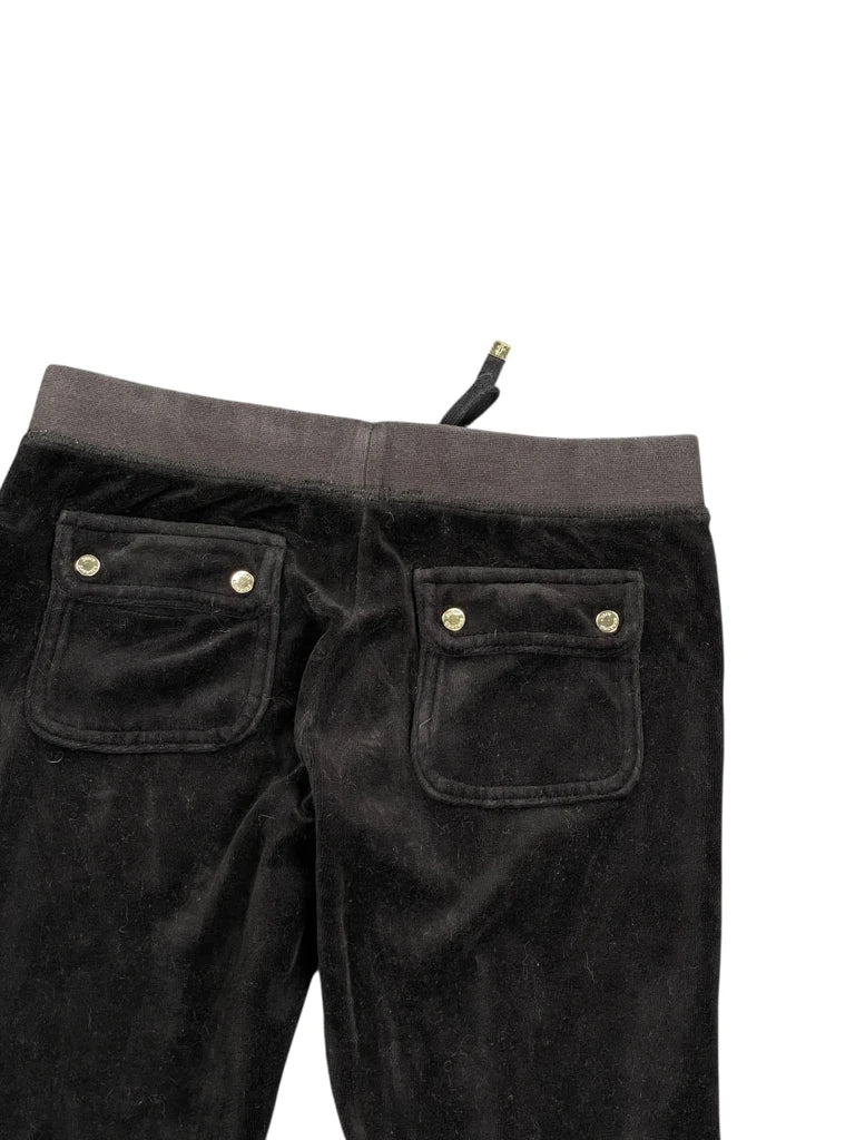 detail view, Juicy Couture Black Velour Pants, vintage Y2K second hand piece