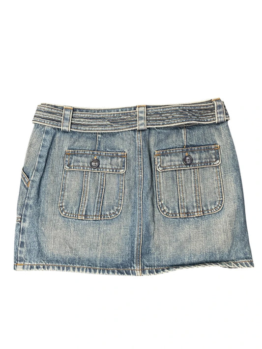 back view, The Limited Light Blue Belted Vintage Denim Skirt, vintage Y2K second hand piece