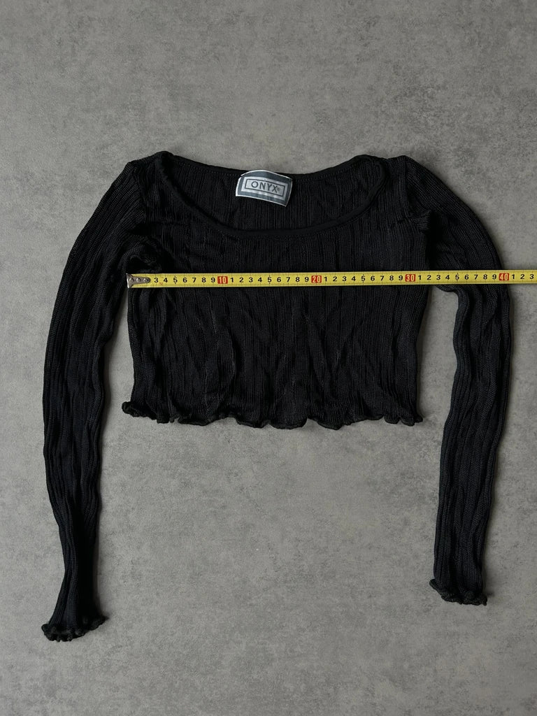 detail view, Onyx Y2K Black Sheer Sleeve Top, vintage Y2K second hand piece, image 10