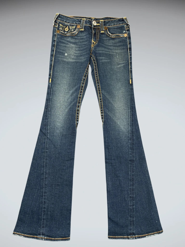 front view, True Religion Dark Blue Flare Jeans with Yellow Stitching, vintage Y2K second hand piece