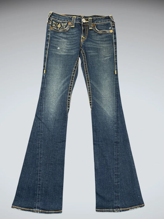 front view, True Religion Dark Blue Flare Jeans with Yellow Stitching, vintage Y2K second hand piece