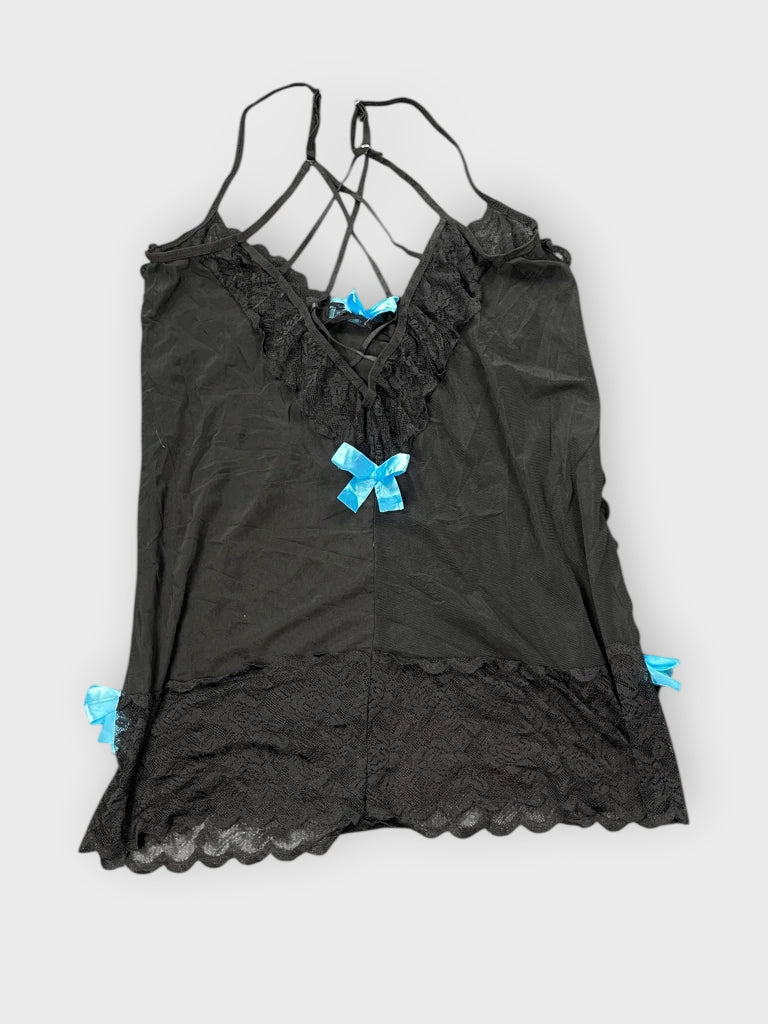 back view, Black Lace Slip Dress with Blue Bows, vintage Y2K second hand piece