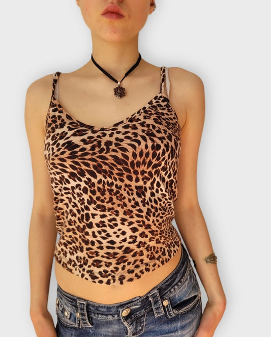 front view, Seductive Leopard Print Cowl Neck Camisole Cropped Fit, vintage Y2K second hand piece