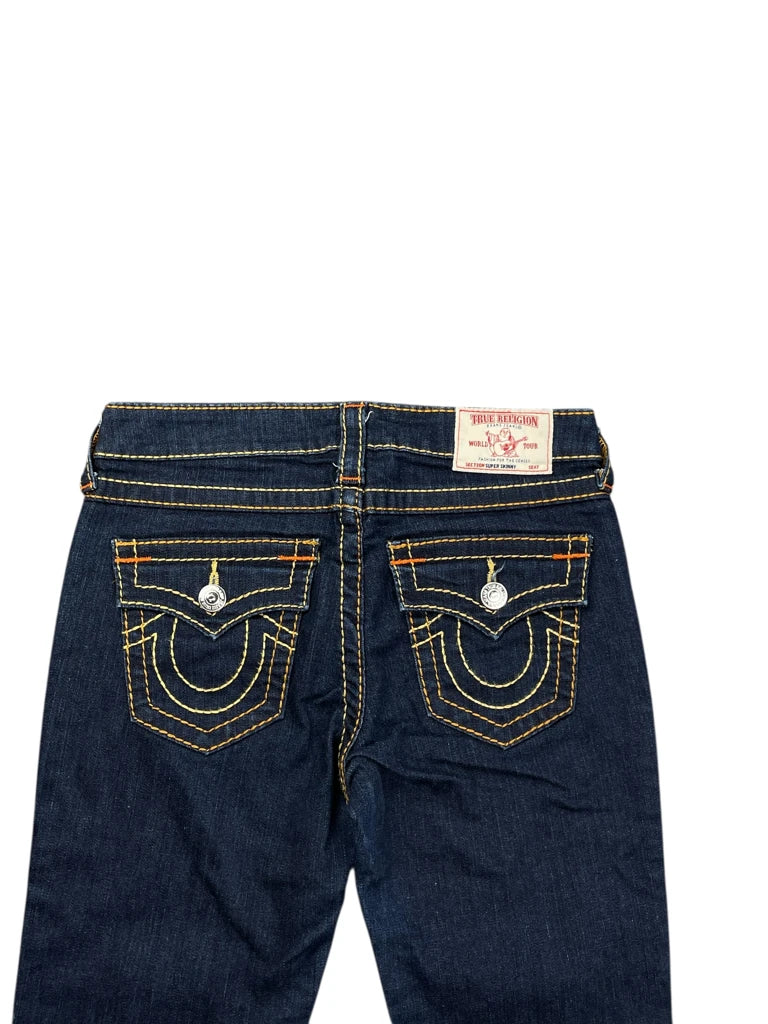detail view, True Religion Dark Blue Bootcut Jeans with Iconic Stitching, vintage Y2K second hand piece