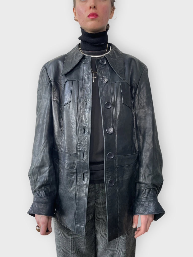 front view, Stadick Black Leather Coat, vintage Y2K second hand piece