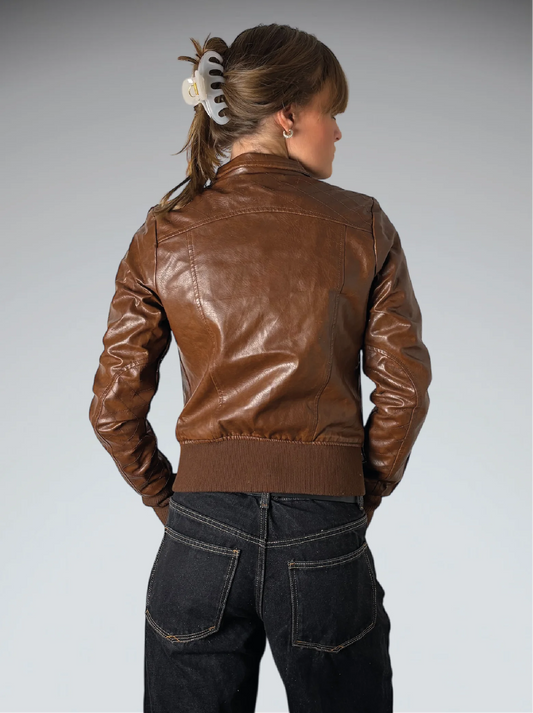 back view, Signify Brown Faux Leather Vintage Jacket, vintage Y2K second hand piece