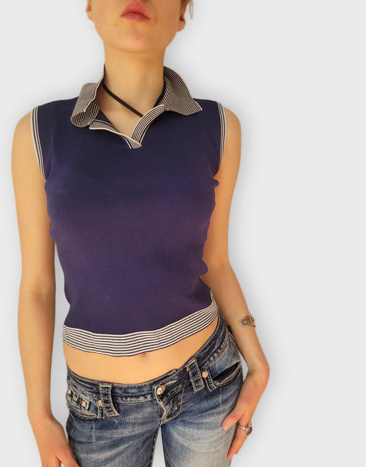 Navy Ribbed Polo Crop Top (S)