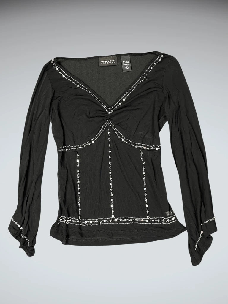 front view, New York & Company Y2K Rhinestone Embellished Black Top, vintage Y2K second hand piece