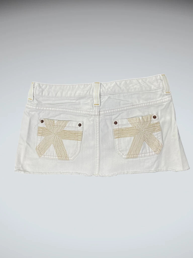front view, X2 White Beige Denim Mini Skirt with Back Embroidery, vintage Y2K second hand piece