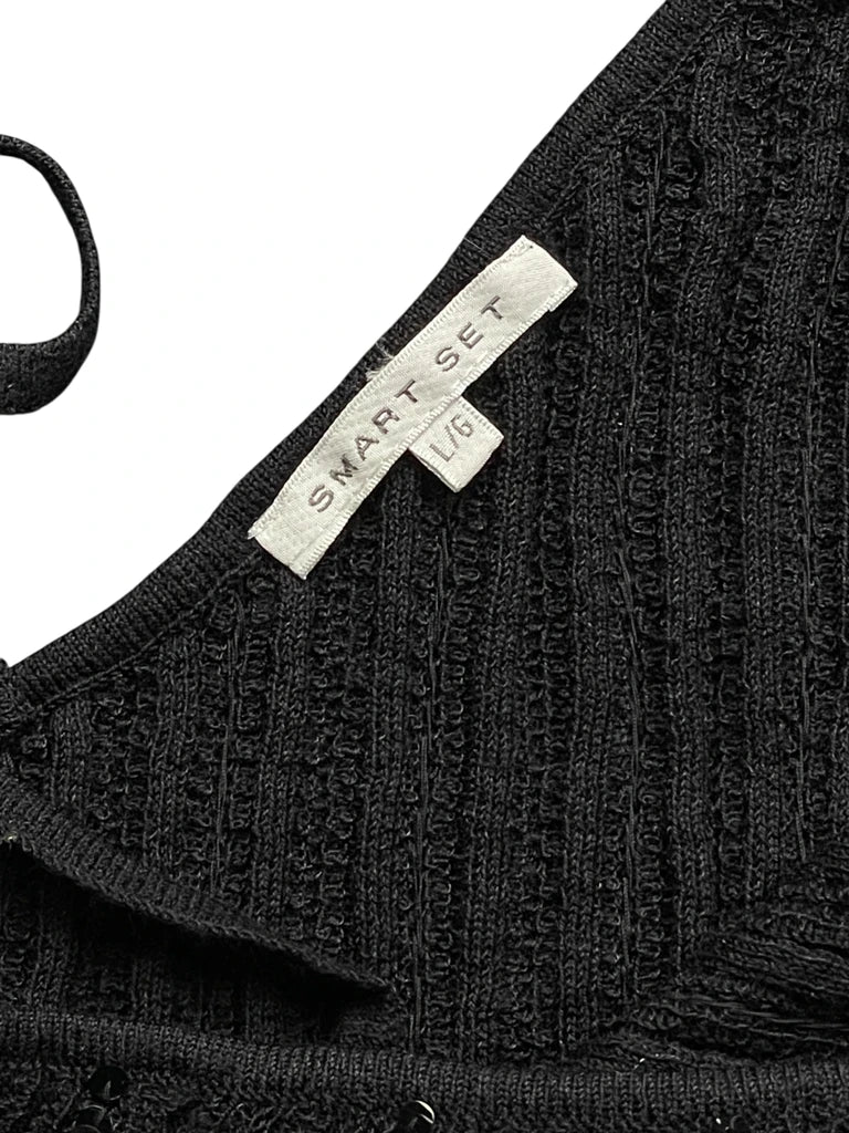 detail view, Sart Set Black One-Shoulder Sequin Knit Top, vintage Y2K second hand piece