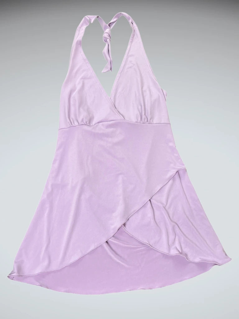 detail view, Byer California Lilac Satin Wrap Halter Top, vintage Y2K second hand piece