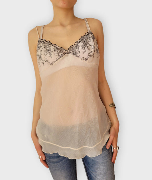 front view, Etam Sheer Ethereal Floral Embroidery Camisole Top Vintage Chic, vintage Y2K second hand piece