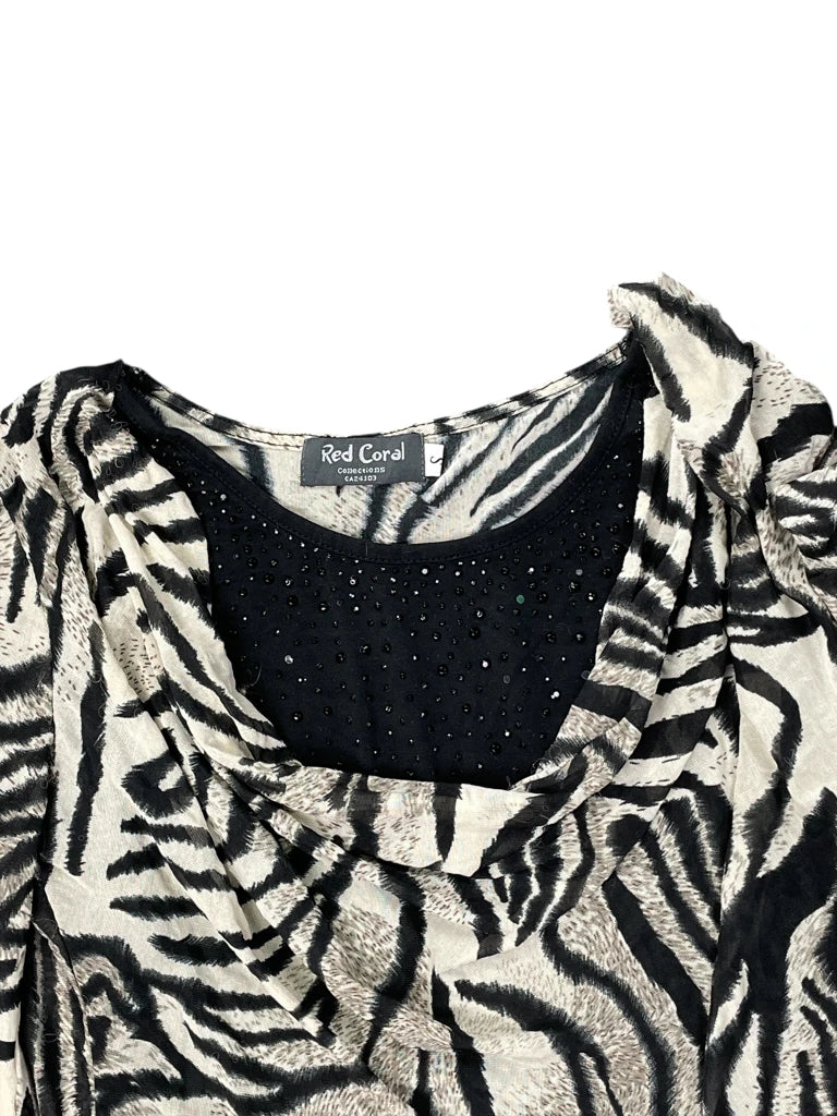 detail view, Red Coral Y2K Zebra Print Cowl-Neck Top, vintage Y2K second hand piece