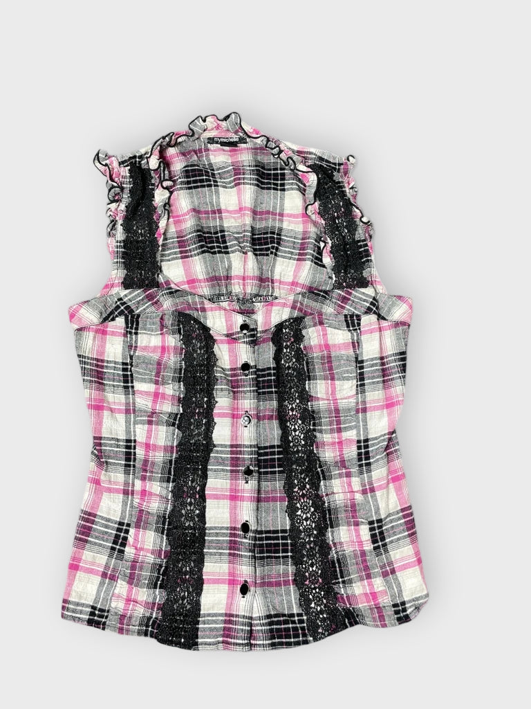 front view, My Michelle Pink Check Blouse mit Spitze, vintage Y2K second hand piece