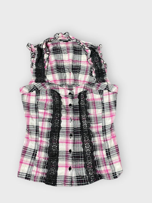 front view, My Michelle Pink Check Blouse mit Spitze, vintage Y2K second hand piece