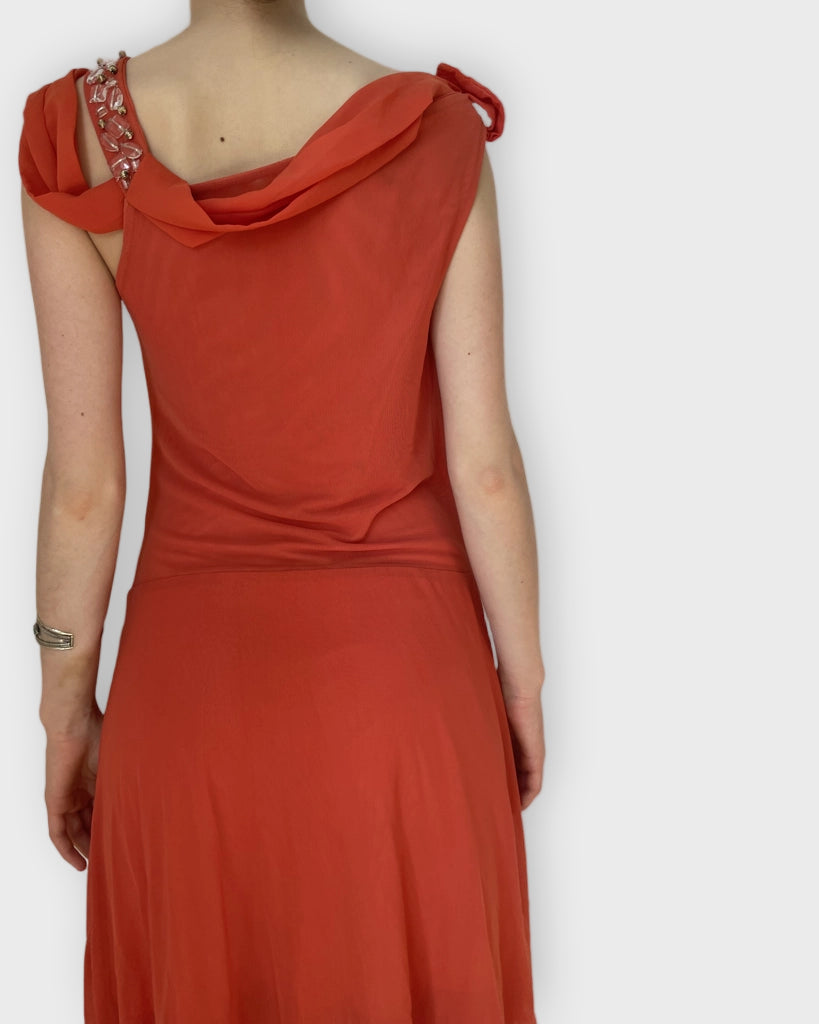 back view, Vibrant Orange Pleated Asymmetric Mini Dress Joops! Glam, vintage Y2K second hand piece