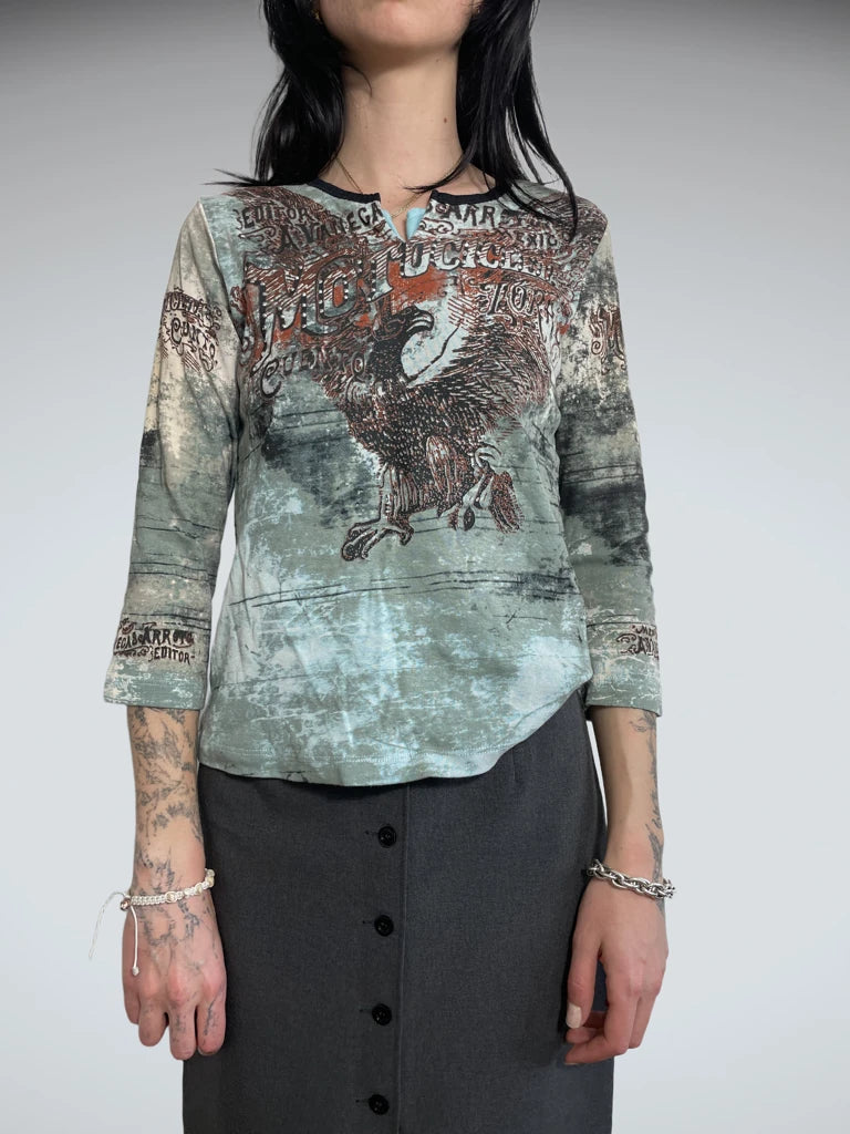 front view, Skinny Minnie long sleeve top with eagle, vintage Y2K second hand piece