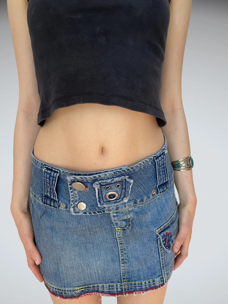 front view, Disil Industry Distressed Denim Mini Skirt Low Rise Red Stitch Y2K, vintage Y2K second hand piece