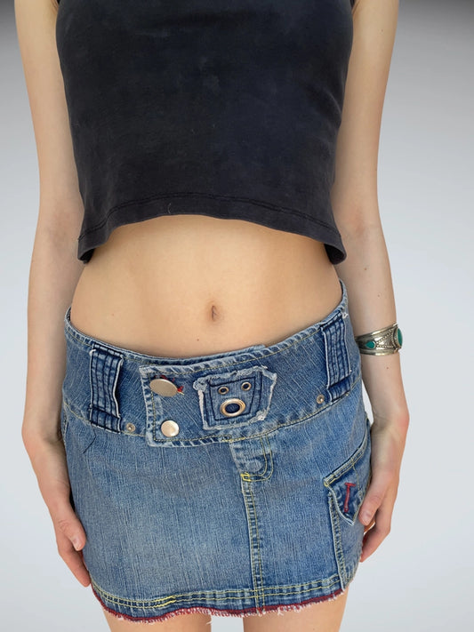front view, Disil Industry Distressed Denim Mini Skirt Low Rise Red Stitch Y2K, vintage Y2K second hand piece