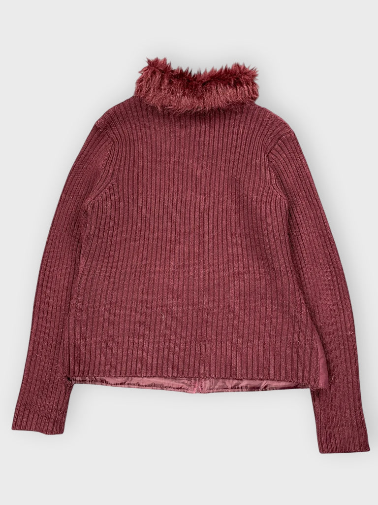 back view, Effei Effeel Burgundy Faux Fur Collar Sweater Jacket, vintage Y2K second hand piece