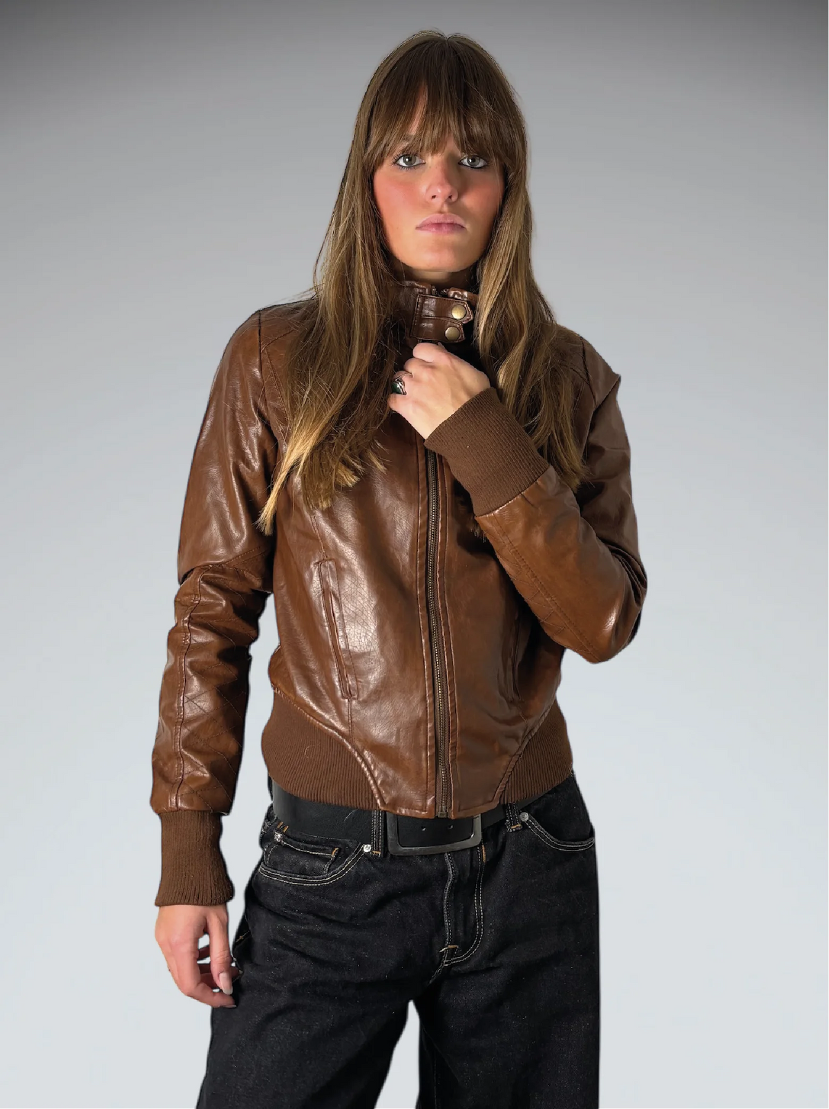 front view, Signify Brown Faux Leather Vintage Jacket, vintage Y2K second hand piece