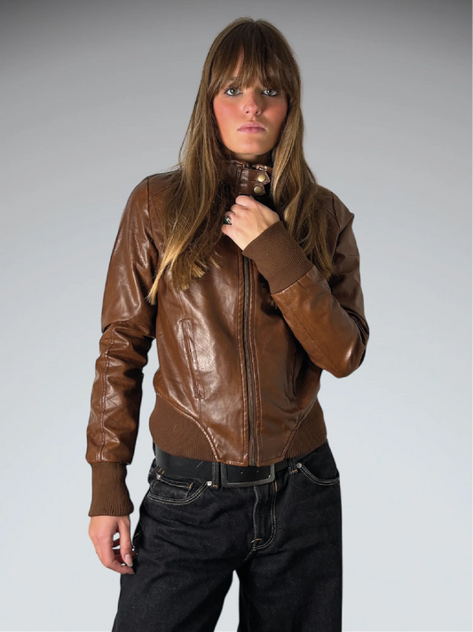 front view, Signify Brown Faux Leather Vintage Jacket, vintage Y2K second hand piece