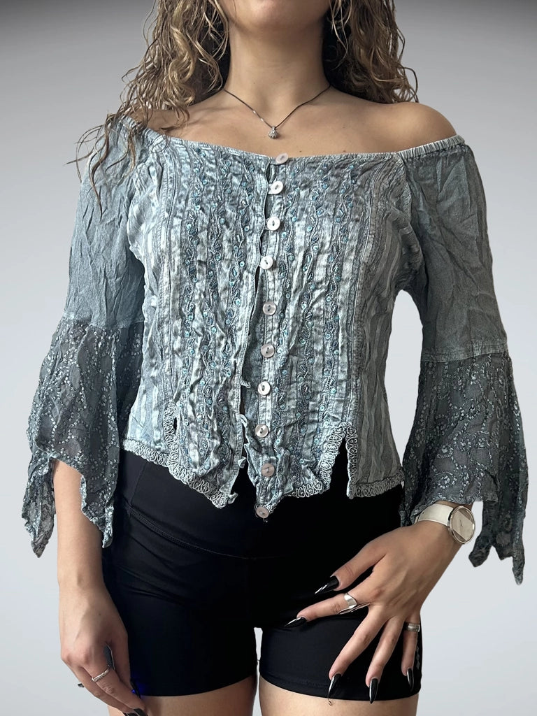 front view, O.P.C Y2K Vintage Blue Blouse (One Size), vintage Y2K second hand piece