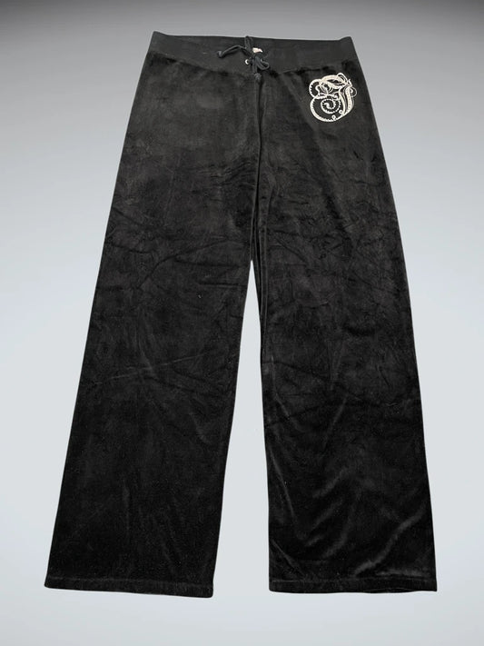 front view, Juicy Coutoure Juicy Couture Black Velour Jogging Pants, vintage Y2K second hand piece