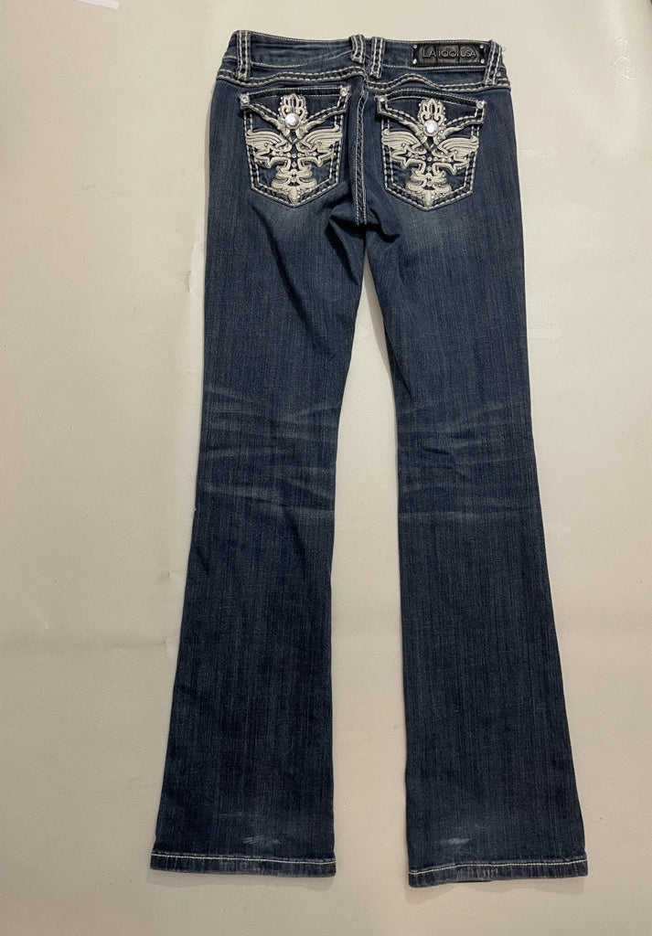 detail view, LA Idol USA LA Idol Rhinestone Bootcut Denim Vintage Blue, vintage Y2K second hand piece