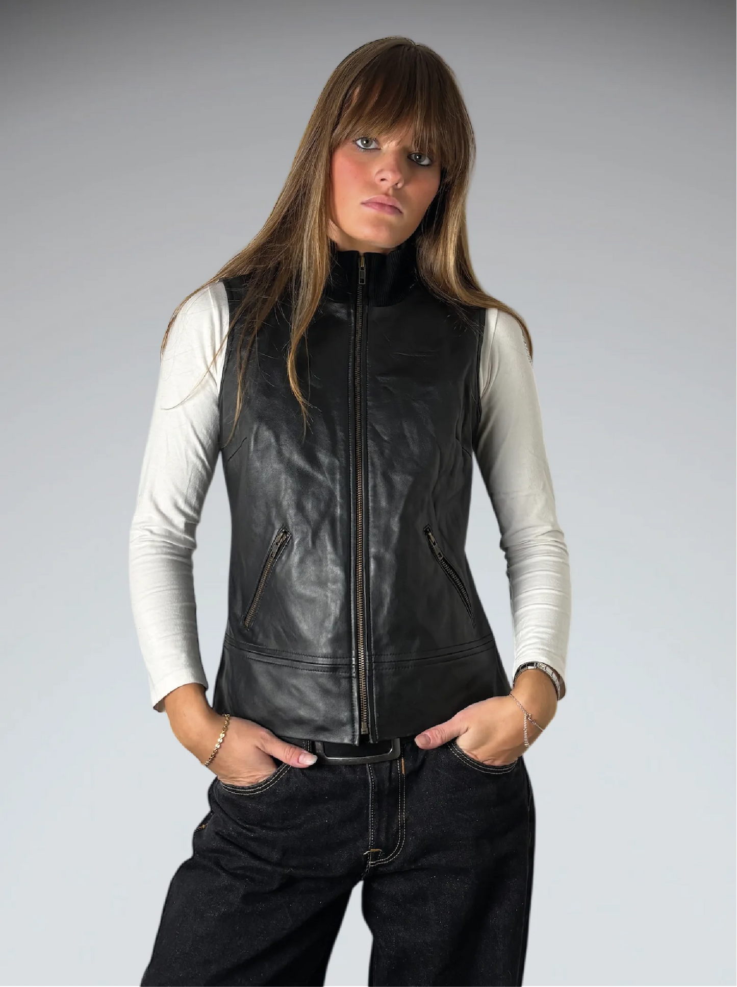 front view, INC Black Genuine Leather Vest, vintage Y2K second hand piece