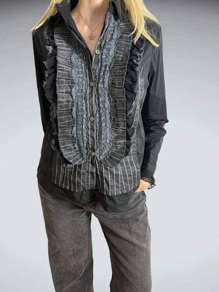 front view, chic by Giulia Galanti Y2K Black Ruffle Blouse, vintage Y2K second hand piece