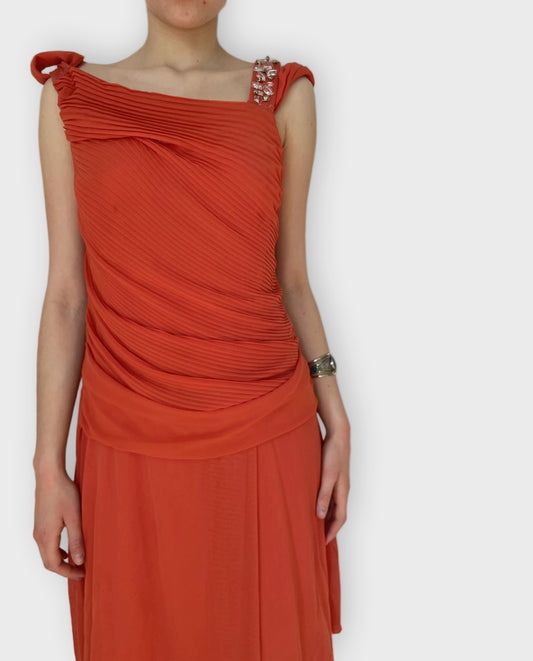 front view, Vibrant Orange Pleated Asymmetric Mini Dress Joops! Glam, vintage Y2K second hand piece