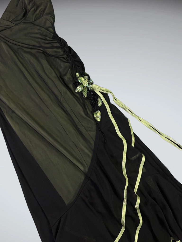 detail view, City Triangels Edgy Neon Trim Black Mesh Dress, vintage Y2K second hand piece, image 4